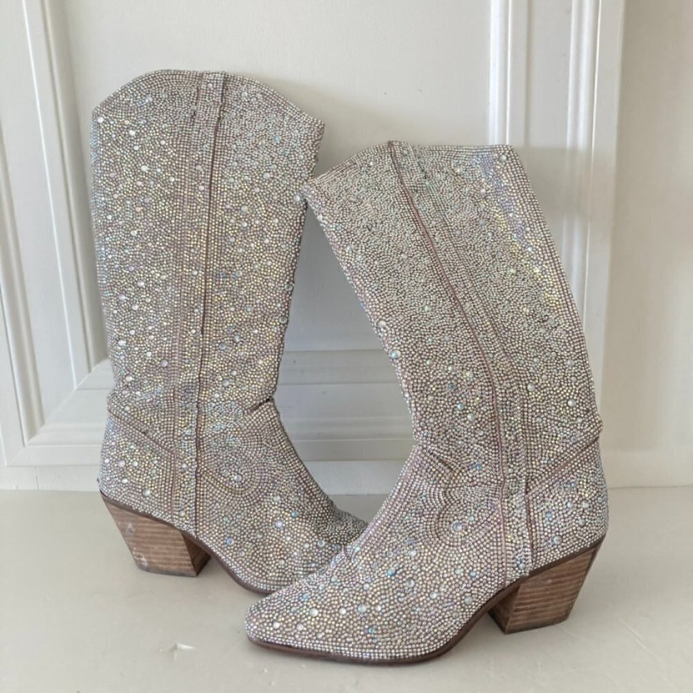 Matisse Party Favor Silver Rhinestone Tall Western Boots Sz 6.5
